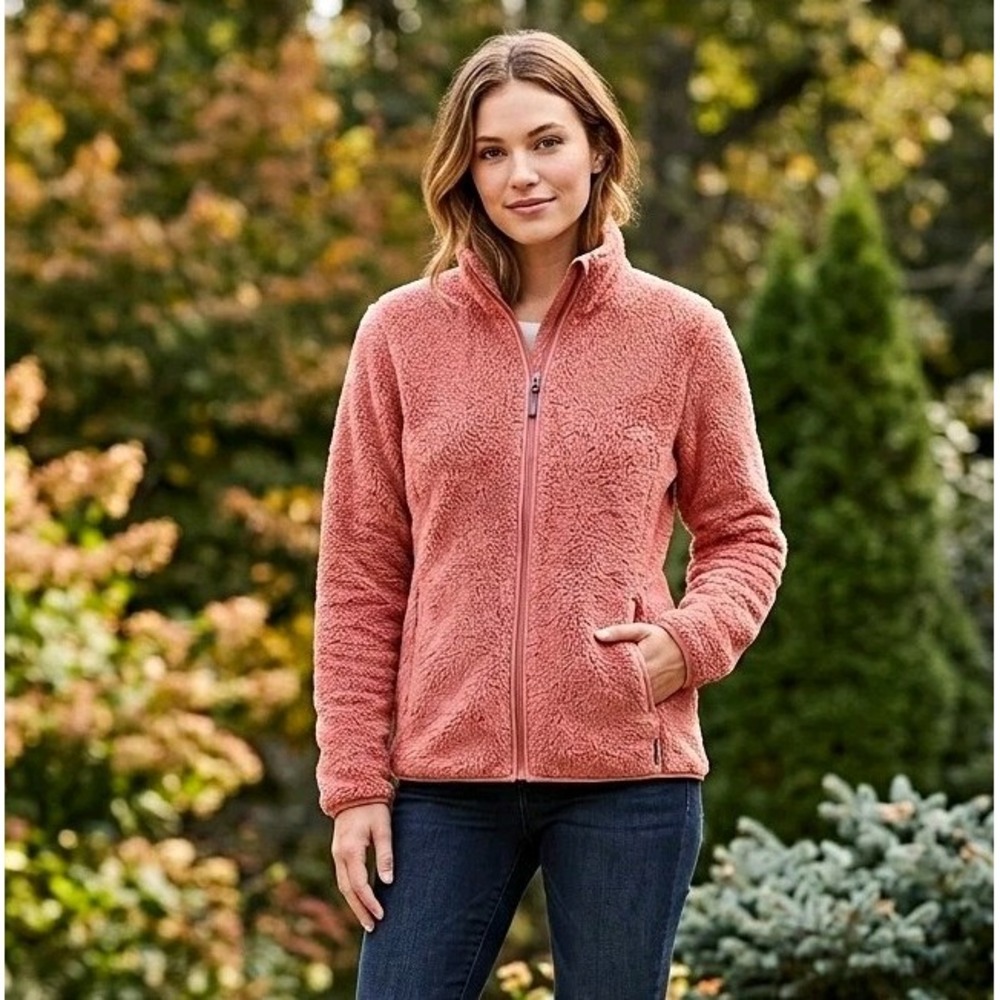 Eddie Bauer Women's Medium Fleece Jacket Full Zip Sherpa Teddy Cozy Coral Pink